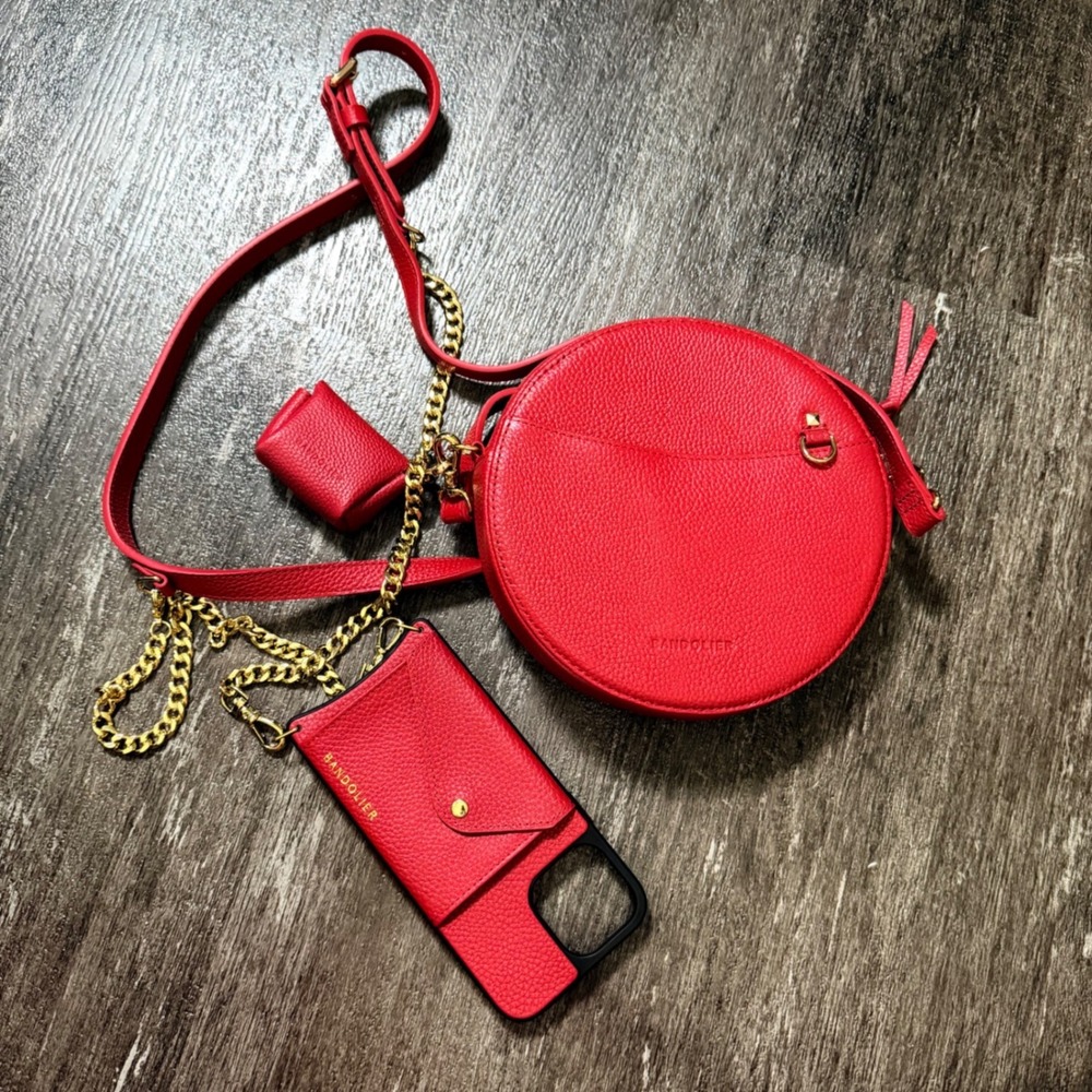 Bandolier Round Crossbody Bag Women OS Red Leather Canteen Set Phone Case Pouch
